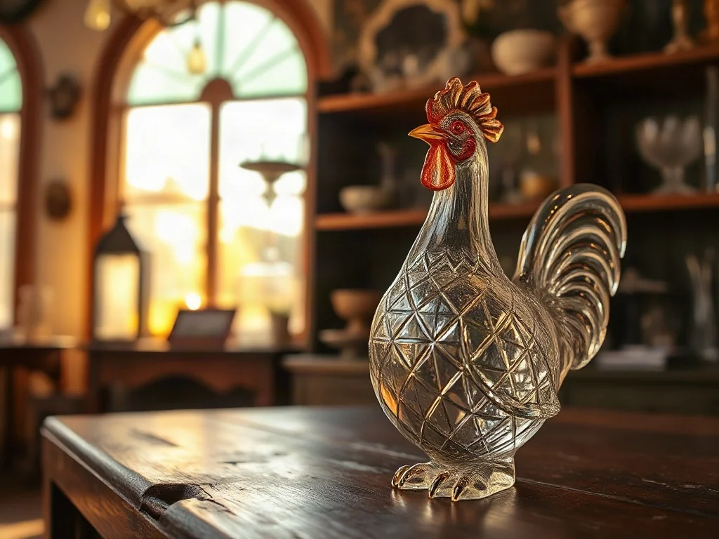 Szklana kura z detalami na drewnianym stole w tle antykwariatu. Figurka emanuje elegancją i nostalgicznym klimatem.