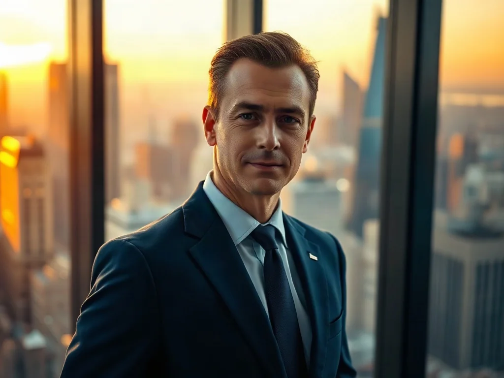 Rafał Brzoska w eleganckim garniturze w nowoczesnym biurze z widokiem na panoramę miasta w świetle zachodzącego słońca.