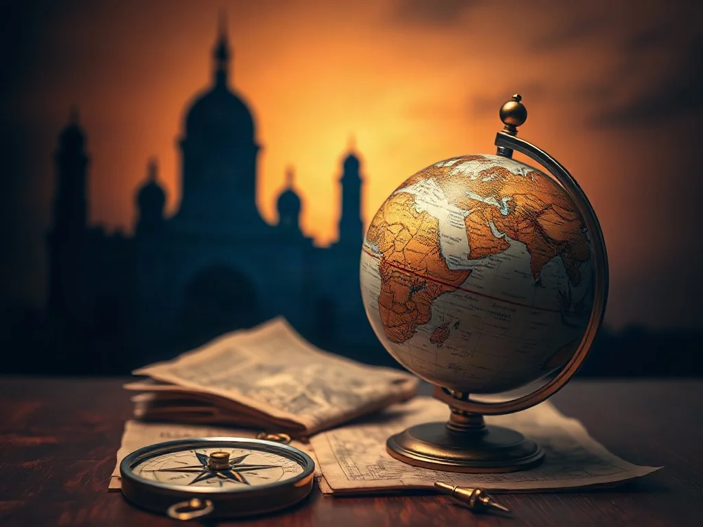 Zabytkowy globus, kompas i mapy na biurku symbolizujące historyczne oraz geopolityczne spotkanie Wschodu z Zachodem.