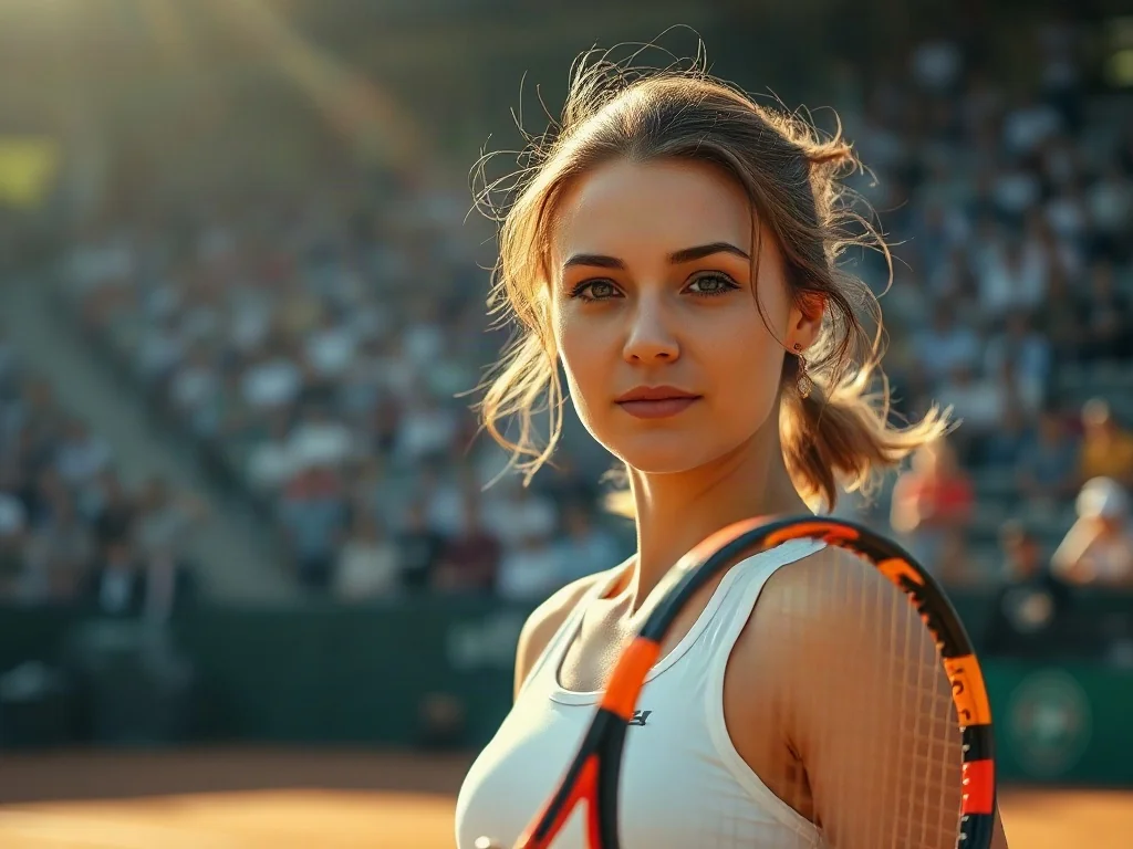 Maja Chwalińska z rakietą tenisową na korcie ziemnym podczas meczu na turnieju Roland Garros.