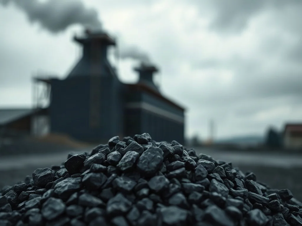 Stos czarnego, błyszczącego węgla na składzie opałowym w chłodnej, industrialnej scenerii.