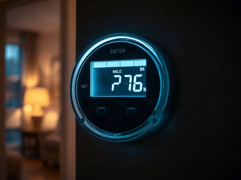 Nowoczesny licznik energii elektrycznej z wyraźnym wyświetlaczem wskazującym aktualne zużycie prądu w domu.