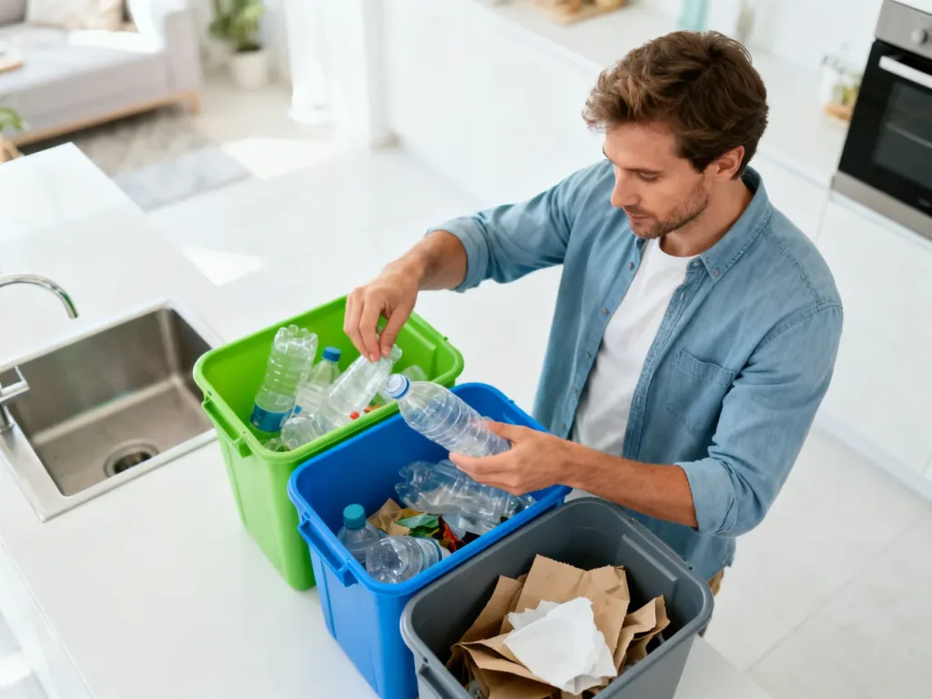 Mężczyzna segregujący odpady do kolorowych pojemników w nowoczesnej kuchni, co promuje prawidłowe nawyki recyklingowe.