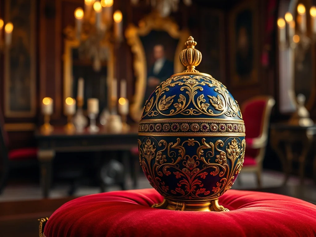 Złote jajko Faberge zdobione emalią i kamieniami szlachetnymi, wyeksponowane na aksamitnej poduszce w luksusowym wnętrzu.