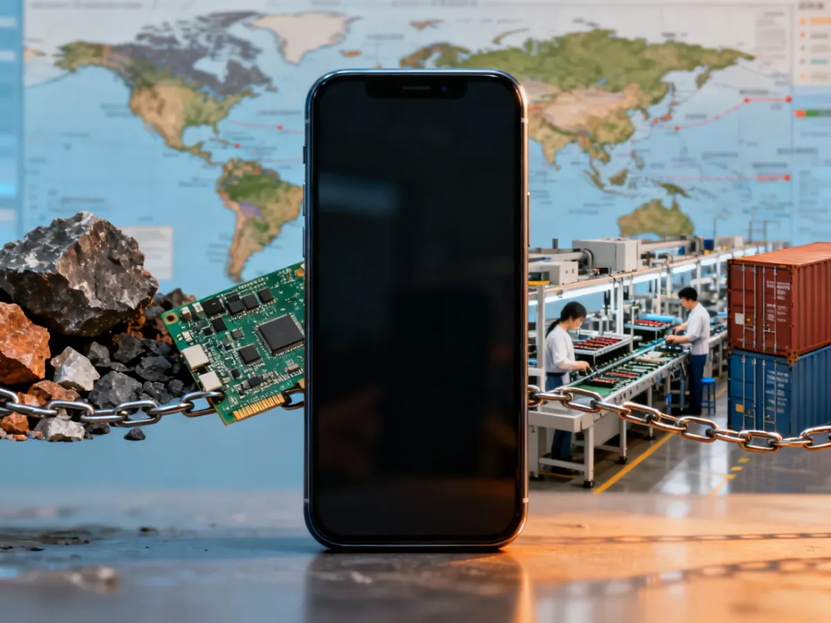 Smartfon przedstawiony na tle globalnego łańcucha produkcji i transportu
