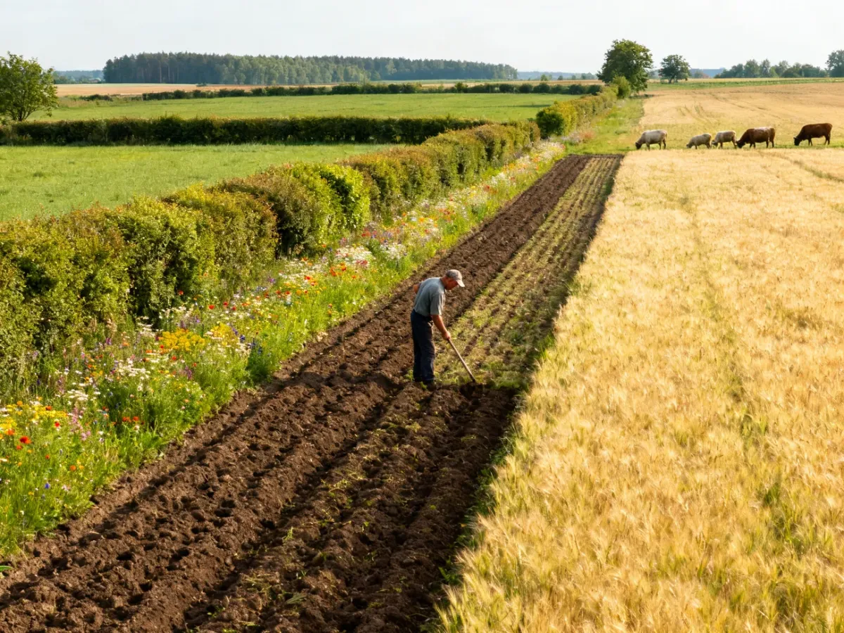 Rolnik pracujący na polu w krajobrazie łączącym produkcję rolną i ochronę przyrody