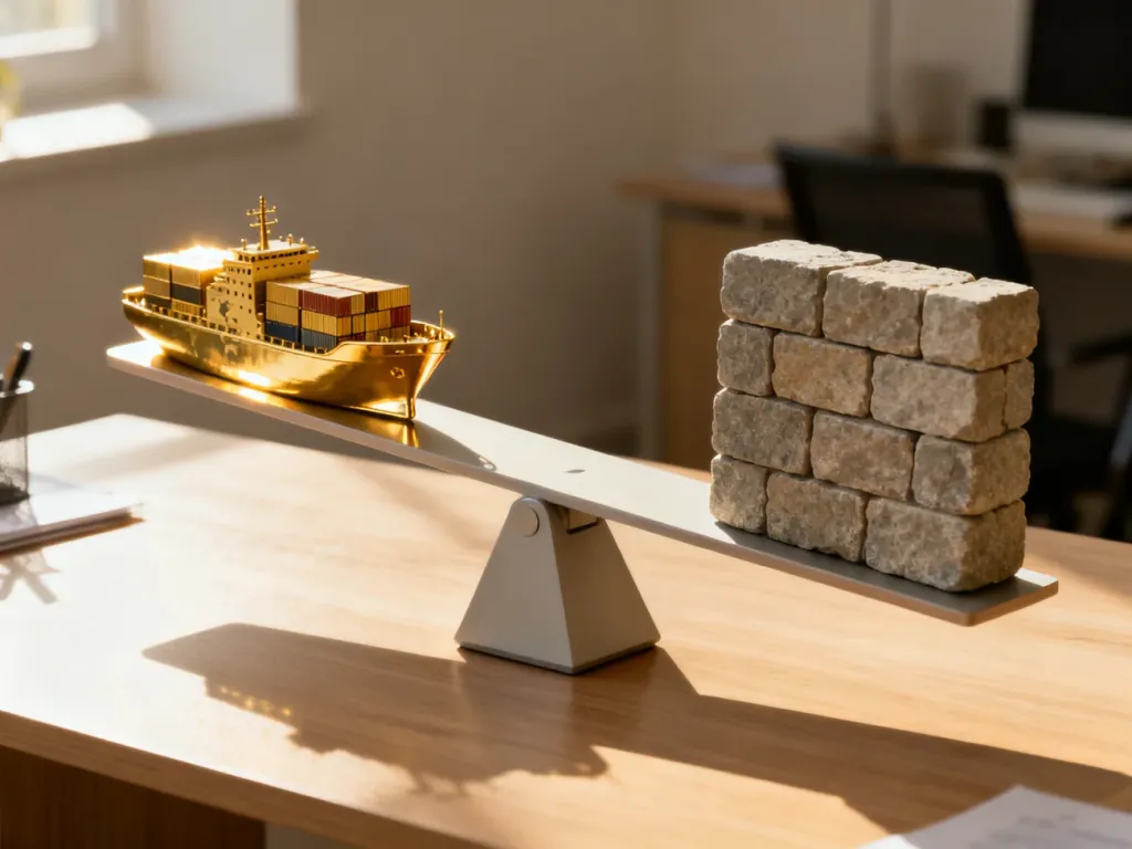Waga z miniaturowym statkiem i kamiennym murem symbolizująca balans między wolnym handlem a protekcjonizmem.