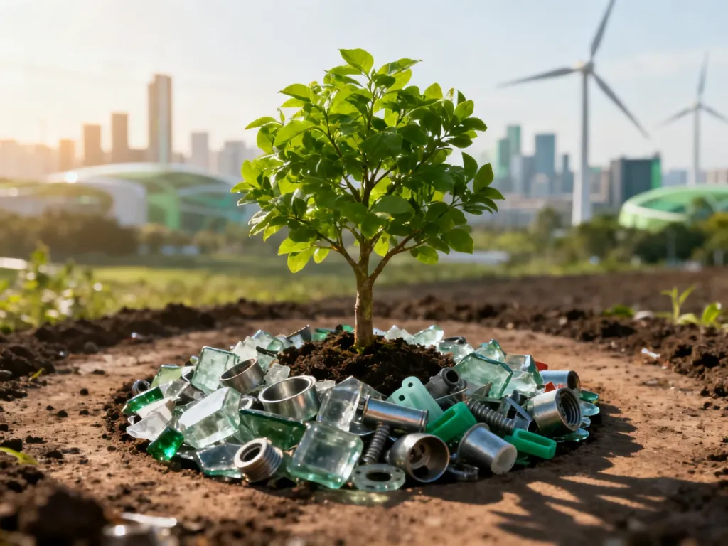 Młoda roślina wyrastająca z odpadów z recyklingu na tle nowoczesnego, ekologicznego miasta.