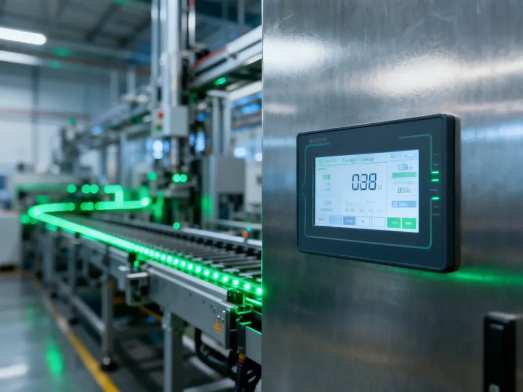 Nowoczesny panel monitorowania energii w zakładzie przemysłowym, symbolizujący efektywność i automatyzację produkcji.