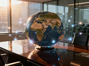 Stylizowana mapa świata z sieciami połączeń symbolizującymi globalną integrację gospodarczą i międzynarodowy handel.