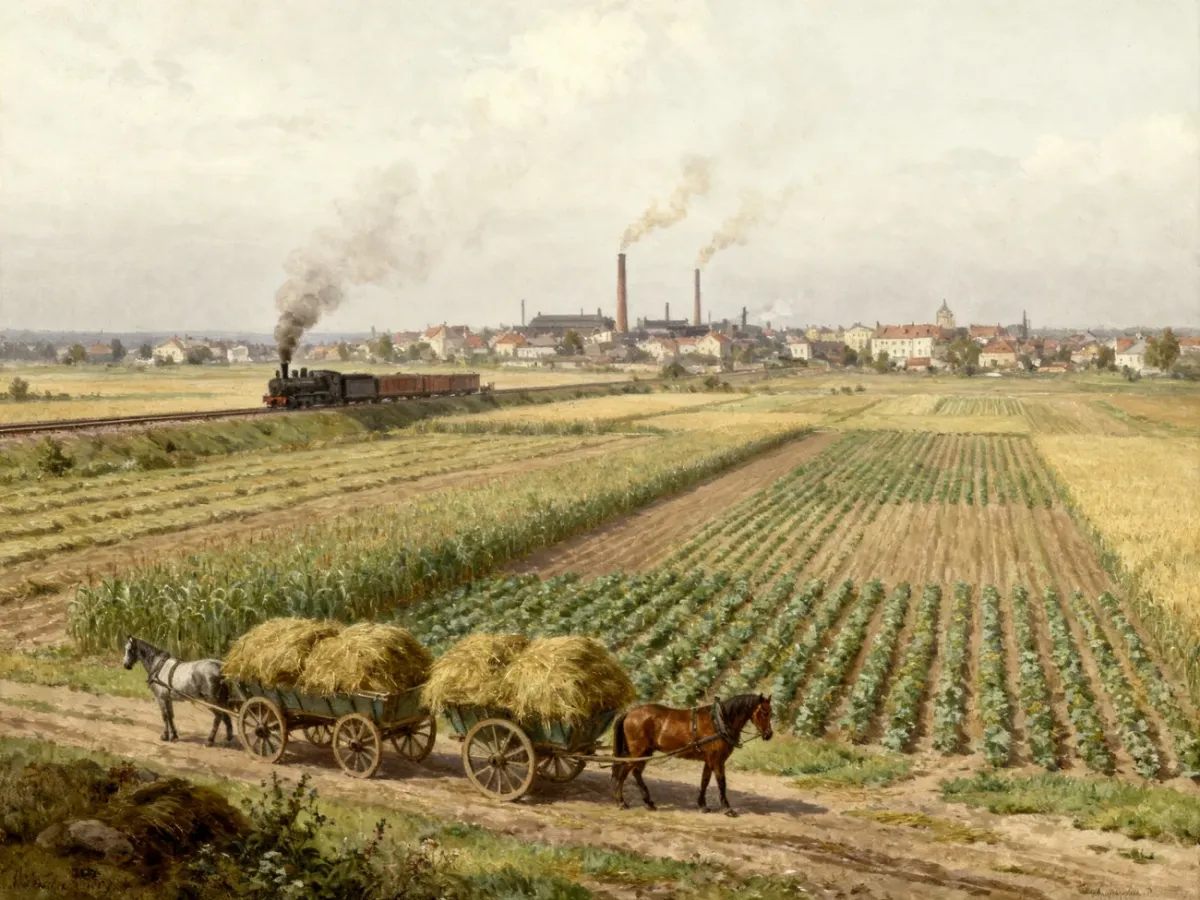 Panorama XIX-wiecznych ziem polskich łącząca wieś, kolej i rozwijający się przemysł.