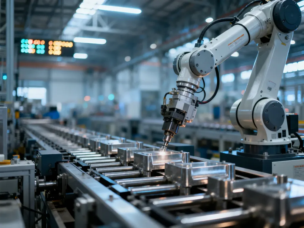 Zautomatyzowana linia produkcyjna z robotami przemysłowymi w nowoczesnej fabryce, ilustrująca procesy wytwórcze.